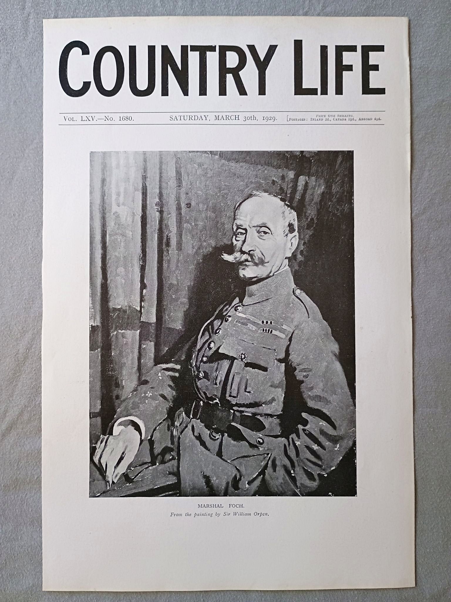 Marshal Ferdinand Foch Country Life Magazine Portrait, Frontispiece, March 30 1929. LXV No. 1680

The featured frontispiece this week is a portrait of Marshal Ferdinand Foch
