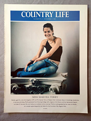 Miss Martha Terry - Martha, aged 23, is the third daughter of Mr and Mrs Quinlan Terry, of Higham Hall, Colchester, Essex. A Cambridge double-blue in lacrosse and skiing, Martha graduated from Downing College with a degree in Art History, and has represented England at Under-21 lacrosse. She now harbours an ambition to be a stunt girl. Martha is photographed by her sister Liz Neville on a sample capital designed by her father for the Corinthian Villa, Regent's Park