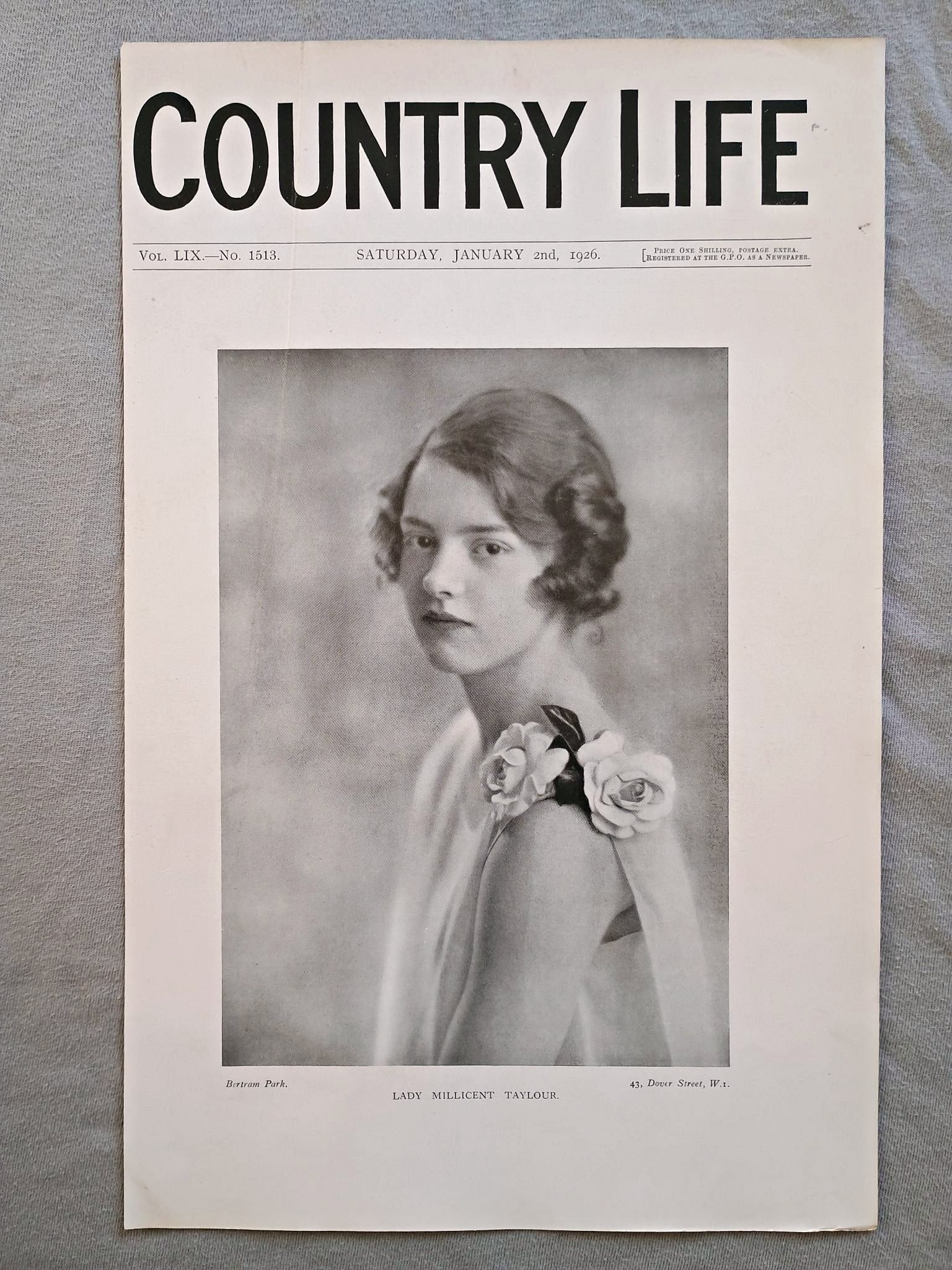 Lady Millicent Taylour Country Life Magazine Portrait, Frontispiece, January 2 1926. LIX No. 1513

The featured frontispiece this week is a portrait of Lady Millicent Taylour