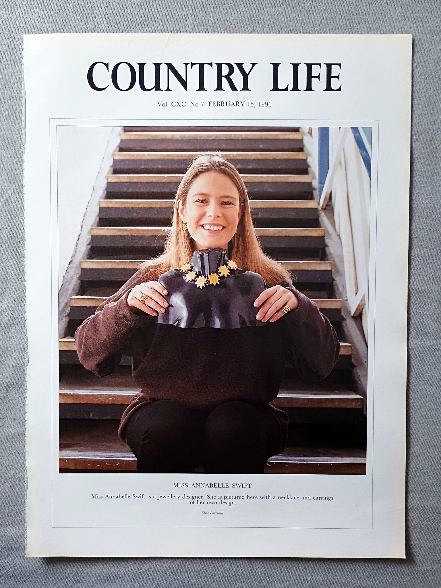 Miss Annabelle Swift Country Life Magazine Portrait February 15, 1996. CXC No. 7

Miss Annabelle Swift is a jewellery designer. She is pictured here with a necklace and earrings of her own design