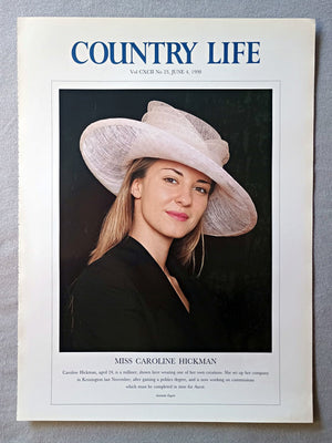 Miss Caroline Hickman Country Life Magazine Portrait June 4 1998. CXCII No. 23

Miss Caroline Hickman - Caroline Hickman, aged 24, is a milliner, shown here wearing one of her own creations. She set up her company in Kensington last November, after gaining a politics degree, and is now working on commissions which must be completed in time for Ascot.