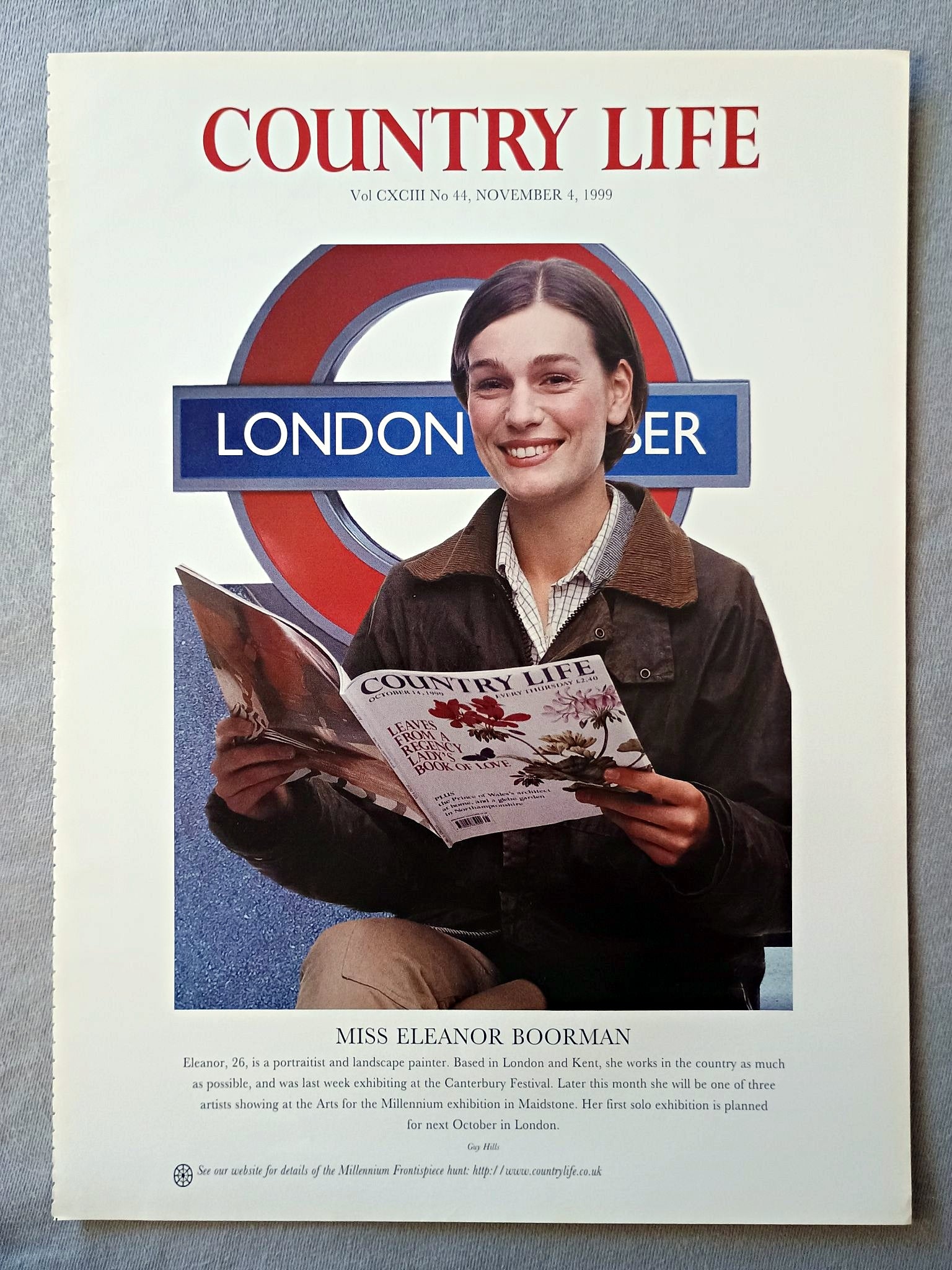 Miss Eleanor Boorman Country Life Magazine Portrait November 4 1999. CXCIII No. 44

Miss Eleanor Boorman - Eleanor, 26, is a portraitist and landscape painter. Based in London and Kent, she works in the country as much as possible, and was last week exhibiting at the Canterbury Festival. Later this month she will be one of three artists showing at the Arts for the Millennium exhibition in Maidstone. Her first solo exhibition is planned for next October in London