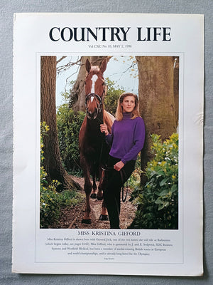 Miss Kristina Gifford Country Life Magazine Portrait May 2, 1996 CXC No. 10

Miss Kristina Gifford is shown here with General Jock, one of the two horses she will ride at Badminton (which begins today, see pages 64-65). Miss Gifford, who is sponsored by J. and E. Sedgwick, SDX Business Systems and Westfield Medical, has been a member of medal-winning British teams at European and world championships, and is already long-listed for the Olympics