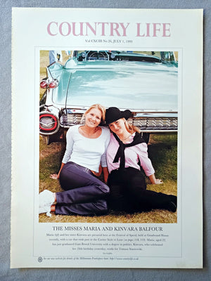 Miss Maria Balfour and Kinvara Balfour Country Life Magazine Portrait July 1 1999. CXCIII No. 26

The Misess Maria and Kinvara Balfour - Maria (left) and her sister Kinvara are pictured here at the Festival of Speed, held at Goodwood House recently, with a car that took part in the Cartier Style et Luxe (see pages 118, 119). Maria, aged 22, has just graduated from Bristol University with a degree in politics. Kinvara, who celebrated her 24th birthday yesterday, works for Tomasz Starzewski.
