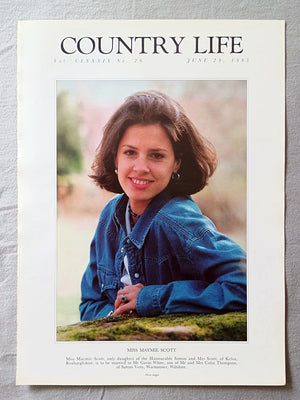Miss Maymie Scott Country Life Magazine Portrait June 29, 1995. CLXXXIX No. 26

Miss Maymie Scott, only daughter of the Honourable Simon and Mrs Scott, of Kelso, Roxburghshire, is to be married to Mr Gavin White, son of Mr and Mrs Colin Thompson, of Sutton Veny, Warminster, Wiltshire