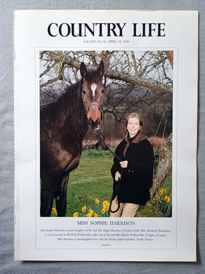 Miss Sophie Harrison Country Life Magazine Portrait April 18, 1996. CXC No. 16

Miss Sophie Harrison, second daughter of Mr and Mrs Roger Harrison, of Itchen Stoke Mill, Alresford, Hampshire, is to be married to Mr Paul Wollocombe, elder son of Mr and Mrs Martin Wollocombe, of Quito, Ecuador. Miss Harrison is photographed here with her former point-to-pointer, Treble Chance