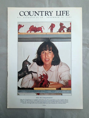 Mo Farquharson Country Life Magazine Portrait November 18, 1993. CLXXXVII No. 46

Miss Mo Farquharson is a sculptor whose first solo show in London is at the Leighton House Gallery until November 27. All her pieces are in bronze, and although perhaps best known for her animals, she enjoys working on a wide range of subject-matter and sizes. Her current commissions include a 9in-high series of the Labours of Hercules, and a fountain for a German client.