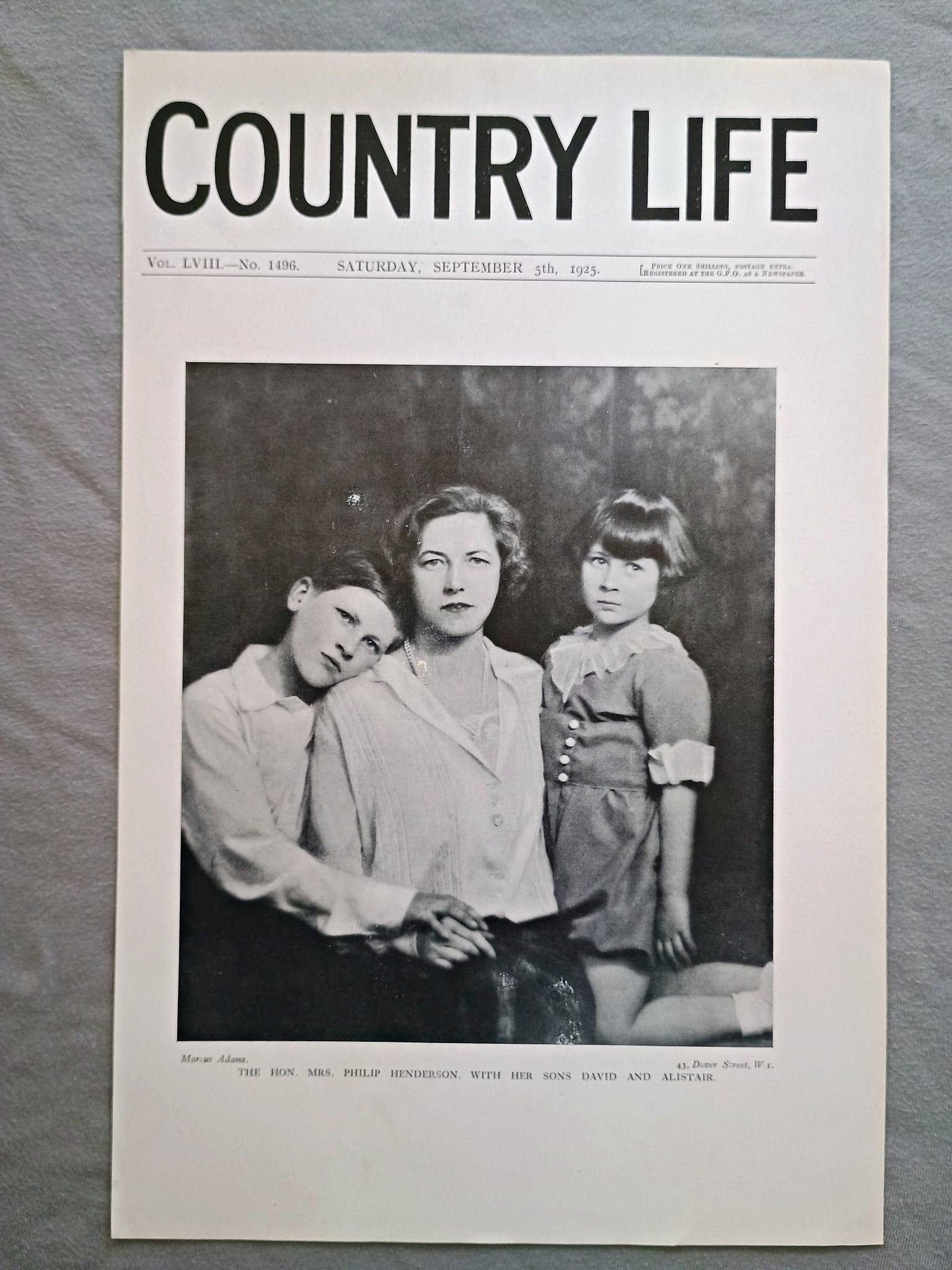 Mrs Philip Henderson nee Rachel Madeleine Hope-Vere, with sons David Henderson and Alistair Henderson Country Life Magazine Portrait, Frontispiece, September 5 1925. LVIII No. 1496

The featured frontispiece this week is a portrait of the Hon. Mrs. Philip Henderson