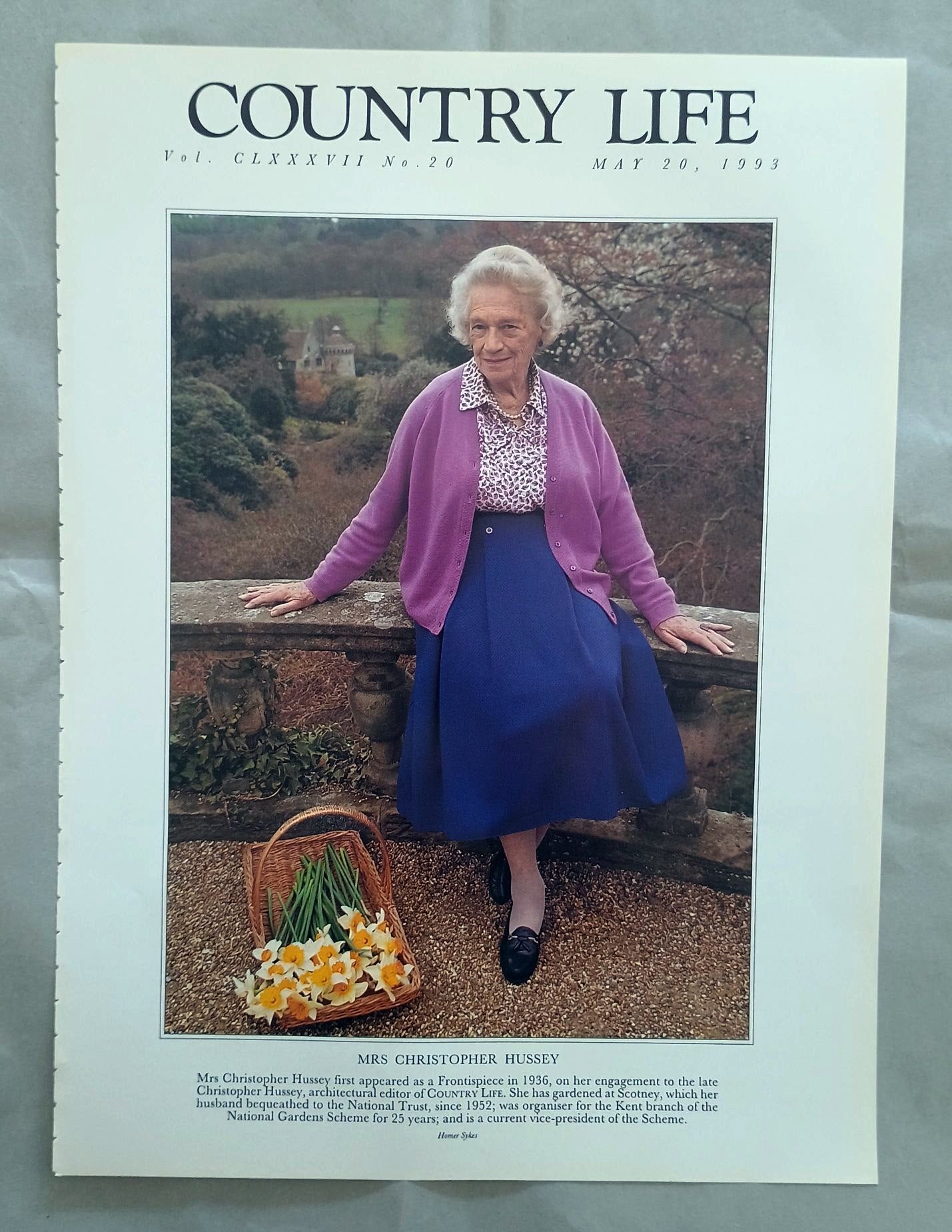 Mrs Christopher Hussey nee Elizabeth Maud Kerr-Smiley Country Life Magazine Portrait May 20, 1993. CLXXXVII No. 20.

Mrs Christopher Hussey first appeared as a Frontispiece in 1936, on her engagement to the late Christopher Hussey, architectural editor of COUNTRY LIFE. She has gardened at Scotney, which her husband bequeathed to the National Trust, since 1952; was organiser for the Kent branch of the National Gardens Scheme for 25 years; and is a current vice-president of the Scheme