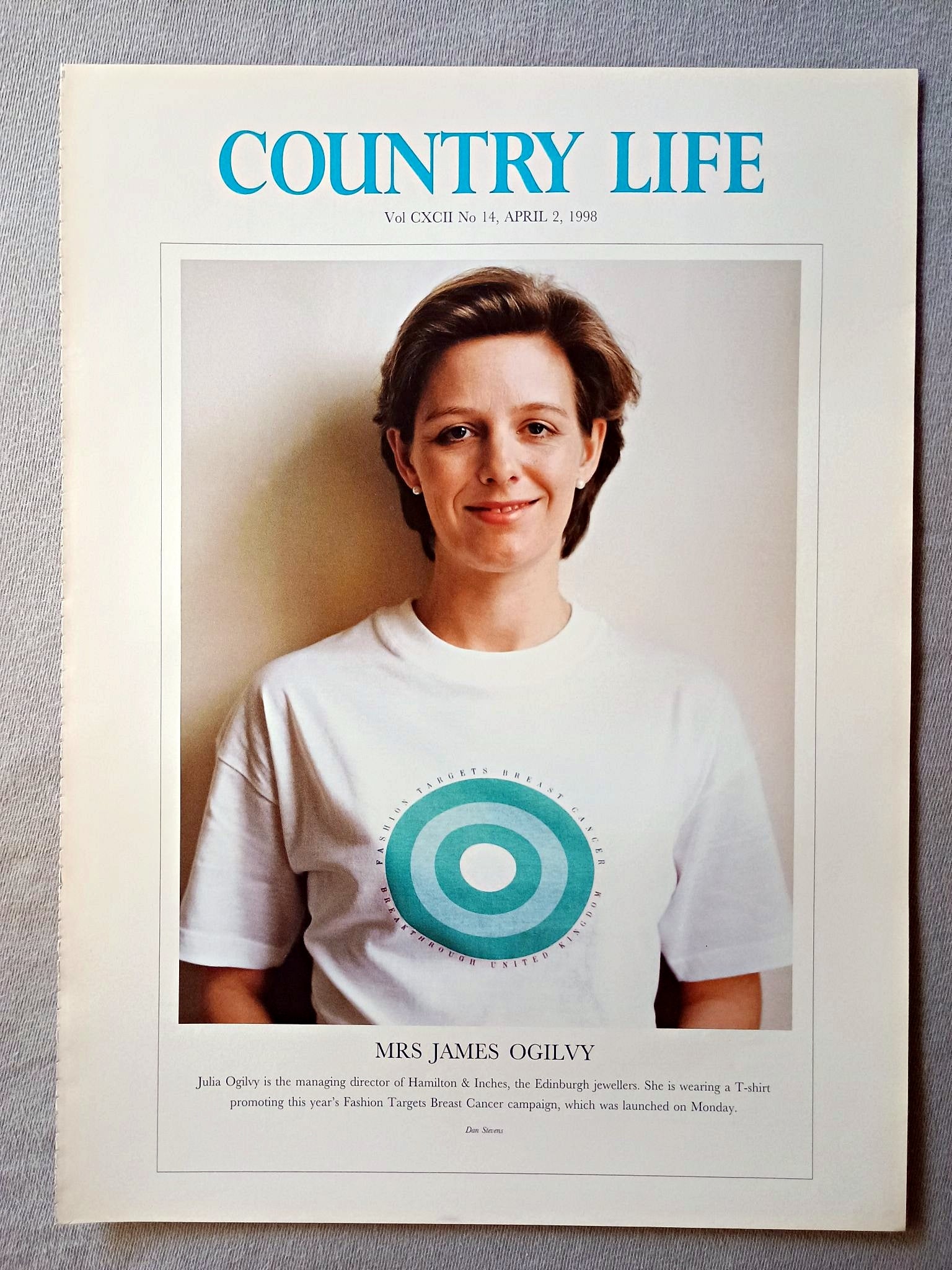Mrs James Ogilvy, Julia Ogilvy Country Life Magazine Portrait April 2, 1998. CXCII No. 14

Mrs James Ogilvy - Julia Ogilvy is the managing director of Hamilton &amp; Inches, the Edinburgh jewellers. She is wearing a T-shirt promoting this year's Fashion Targets Breast Cancer campaign, which was launched on Monday