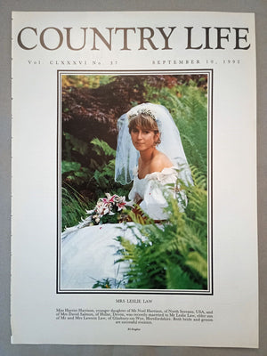 Mrs Leslie Law nee Harriet Harrison Country Life Magazine Portrait September 10, 1992. CLXXXVI No. 37.

Mrs Leslie Law - Miss Harriet Harrison, younger daughter of Mr Noel Harrison, of North Serrano, USA, and of Mrs David Salmon, of Holne, Devon, was recently marrried to Mr Leslie Law, elder son of Mr and Mrs Lawson Law, of Glasbury-on-Wye, Herefordshire. Both bride and groom are successful eventers.