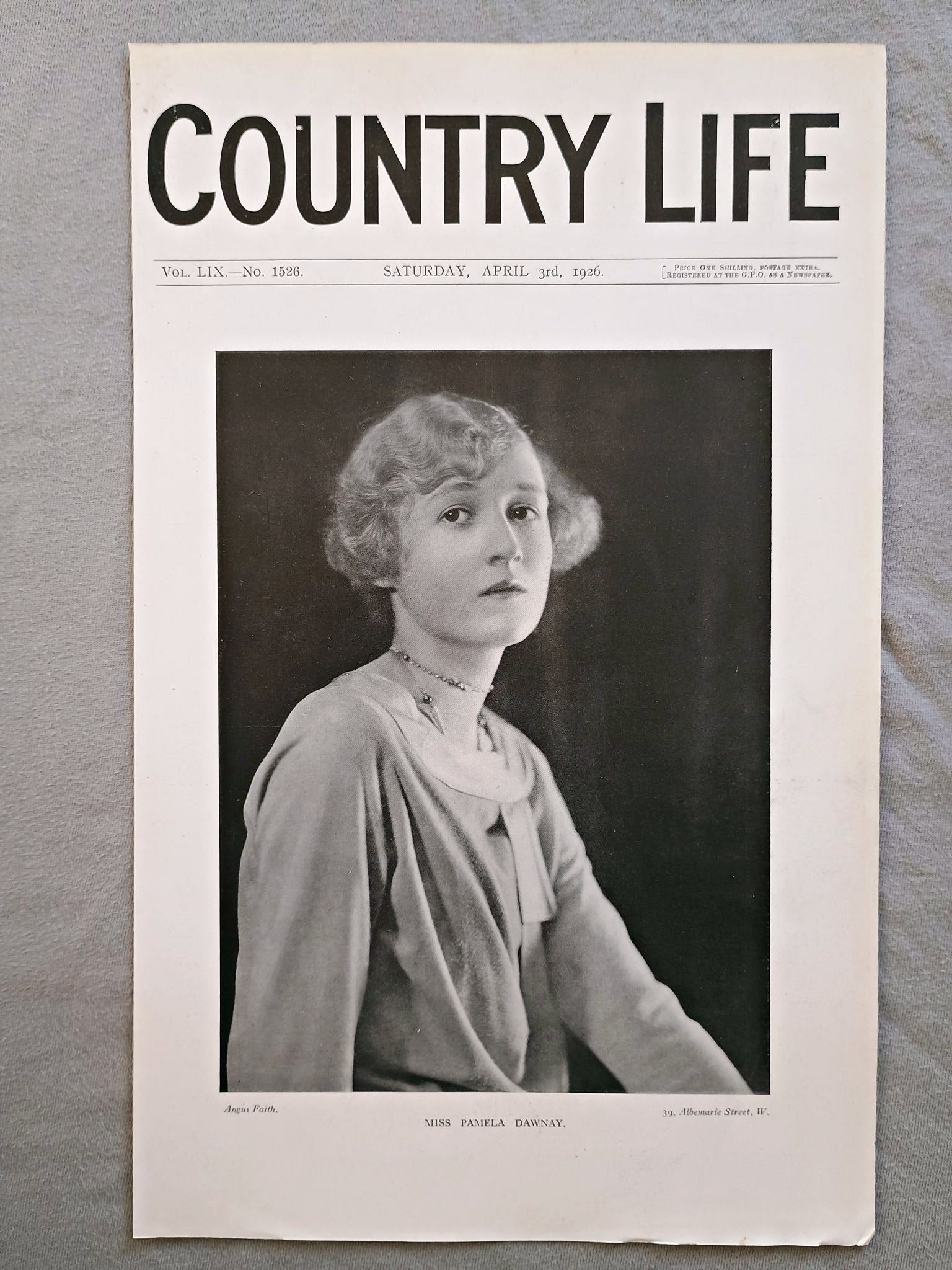 Miss Pamela Dawnay Country Life Magazine Portrait, Frontispiece, April 3 1926. LIX No. 1526

The featured frontispiece this week is a portrait of Miss Pamela Dawnay