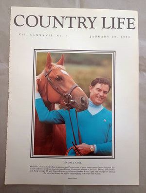 Paul Cole Country Life Magazine Portrait January 28, 1993. CLXXXVII No. 4.

Mr Paul Cole was the leading trainer on the Flat in terms of prize money won abroad last year. He is pictured here with his most successful horse, Generous, winner of the 1991 Derby, Irish Derby and King George VI and Queen Elizabeth Diamond Stakes. Ruby Tiger and Snurge are among the top-class horses he will be campaigning in Europe this season