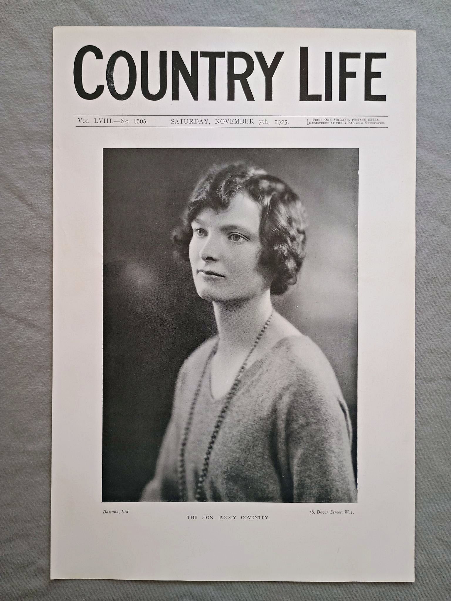Peggy Coventry Country Life Magazine Portrait, Frontispiece, November 7 1925. LVIII No. 1505

The featured frontispiece this week is a portrait of the Hon. Peggy Coventry, whose engagement to Mr. Eustace Benyon Hoare