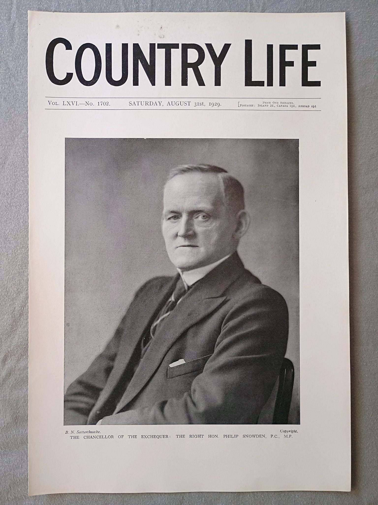 Philip Snowden, Country Life Magazine Portrait, Frontispiece, August 31 1929. LXVI No. 1702

The featured frontispiece this week is a portrait of Philip Snowden (1864–1937), a significant British politician who served as the first Labour Chancellor of the Exchequer.
