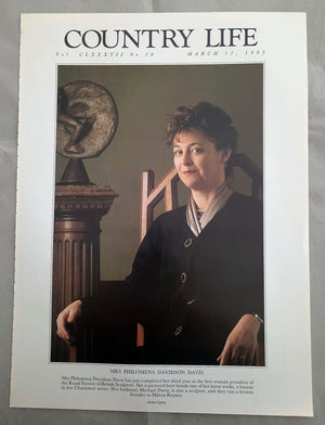 Philomena Davidson Davis Country Life Magazine Portrait March 11, 1993. CLXXXVII No. 10.

Mrs Philomena Davidson Davis has just completed her third year as the first woman president of the Royal Society of British Sculptors. She is pictured here beside one of her latest works, a bronze in her Charioteer series. Her husband, Michael Davis, is also a sculptor, and they run a bronze foundry in Milton Keynes..