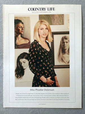 Miss Phoebe Dickinson - Phoebe, who will be 22 on September 27, is the elder daughter of Mr and Mrs Simon Dickinson. After studying art in Florence for two and a half years, she now has a studio in the Gas Works in Fulham, SW6, and one at home in Gloucestershire. Shown here with some of her paintings, Phoebe works in charcoal, oil, and pen and ink, and under-takes commissions. One of her paintings was recently auctioned in aid of Mentor and raised £32,000 for the charity.