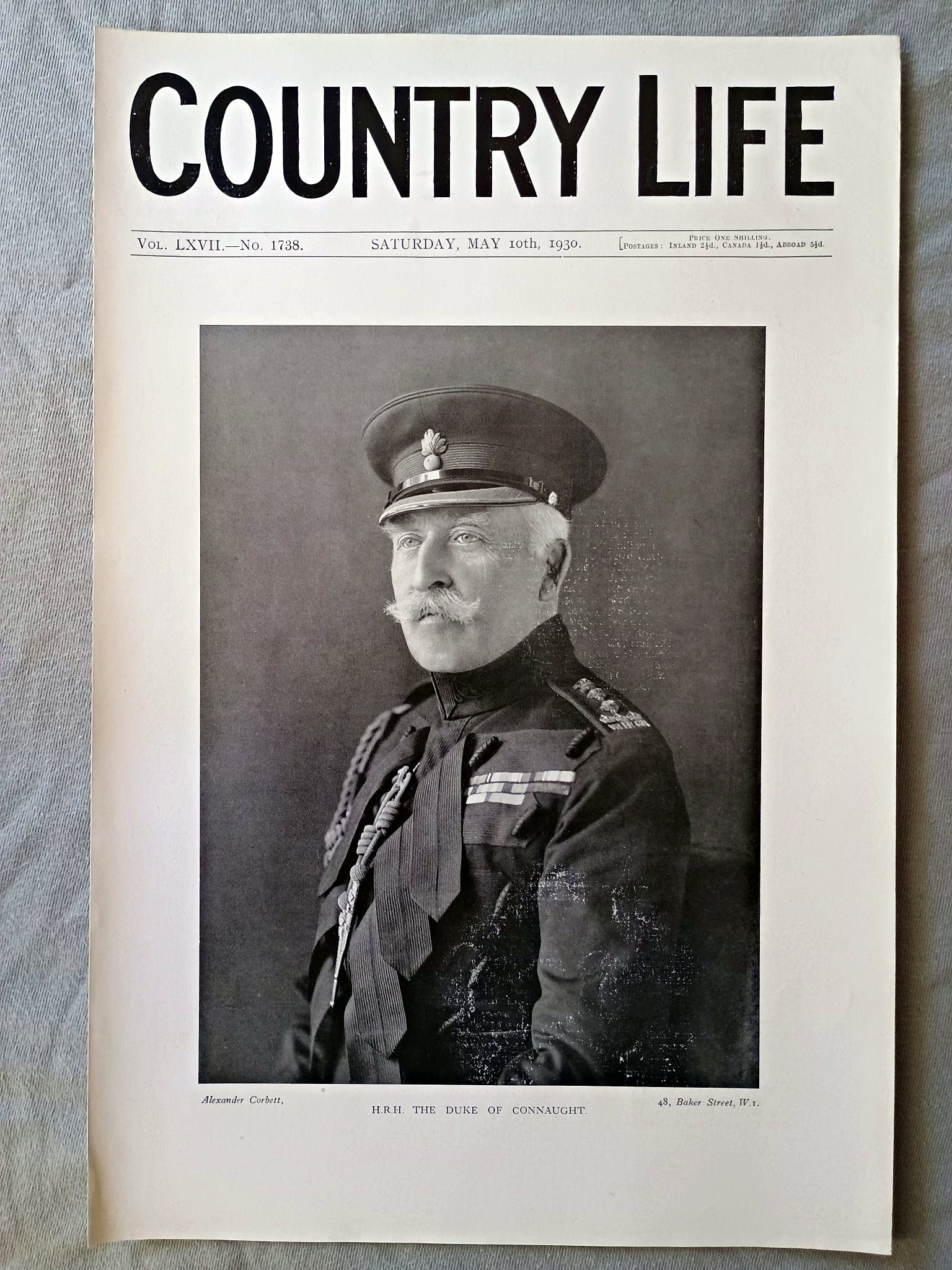 Prince Arthur, The Duke of Connaught Country Life Magazine Portrait, Frontispiece, May 10 1930. LXVII No. 1738

The frontispiece shows a new portrait of H.R.H. The Duke of Connaught and Strathearn, Prince Arthur (1850–1942), the third son and seventh child of Queen Victoria, to mark the occasion of his eightieth birthday. 
