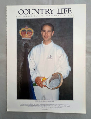 Prince Edward Country Life Magazine Portrait September 30, 1993. CLXXXVII No. 39.

HRH The Prince Edward - On September 18, HRH the Prince Edward helped raise more than ₤20,000 for charity by playing a 12-hour marathon real tennis match at Holyport Real Tennis Court, Berkshire. The Prince is chairman of a fund-raising scheme, the Special Projects Group.