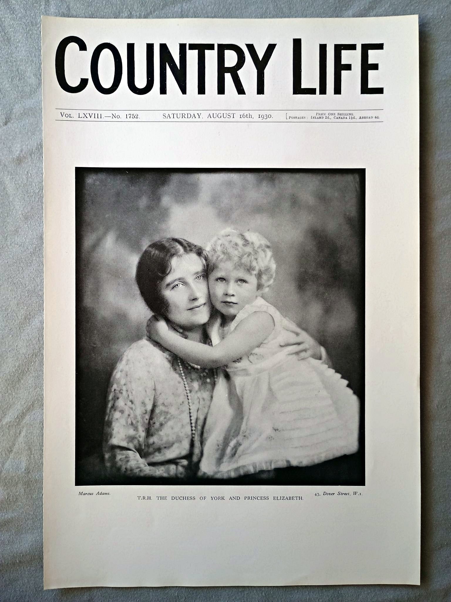 The Duchess of York and Princess Elizabeth Country Life Magazine Portrait, Frontispiece, August 16 1930. LXVIII No. 1752