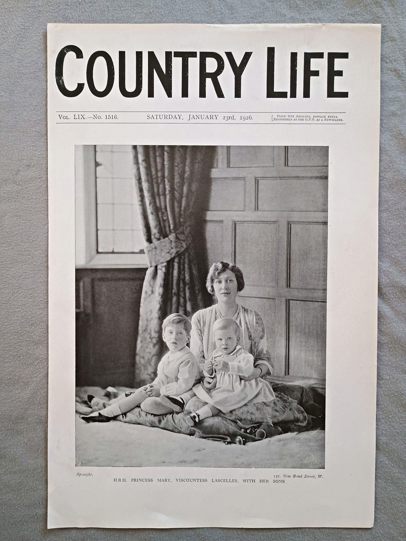 Princess Mary, Gerald Lascelles and George Lascelles Country Life Magazine Portrait, Frontispiece, January 23 1926. LIX No. 1516

The featured frontispiece this week is a portrait of H.R.H. Princess Mary, Viscountess Lascelles, accompanied with her two sons, the Hon. Gerald Lascelles and the Hon. George Lascelles