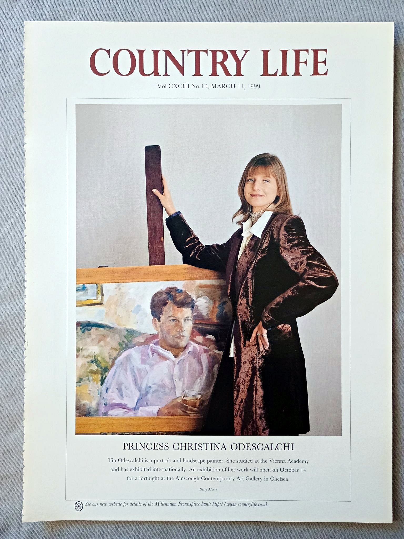 Princess Christina Odescalchi Country Life Magazine Portrait March 11 1999. CXCIII No. 10

Princess Christina Odescalchi - Tin Odescalchi is a portrait and landscape painter. She studied at the Vienna Academy and has exhibited internationally. An exhibition of her work will open on October 14 for a fortnight at the Ainscough Contemporary Art Gallery in Chelsea