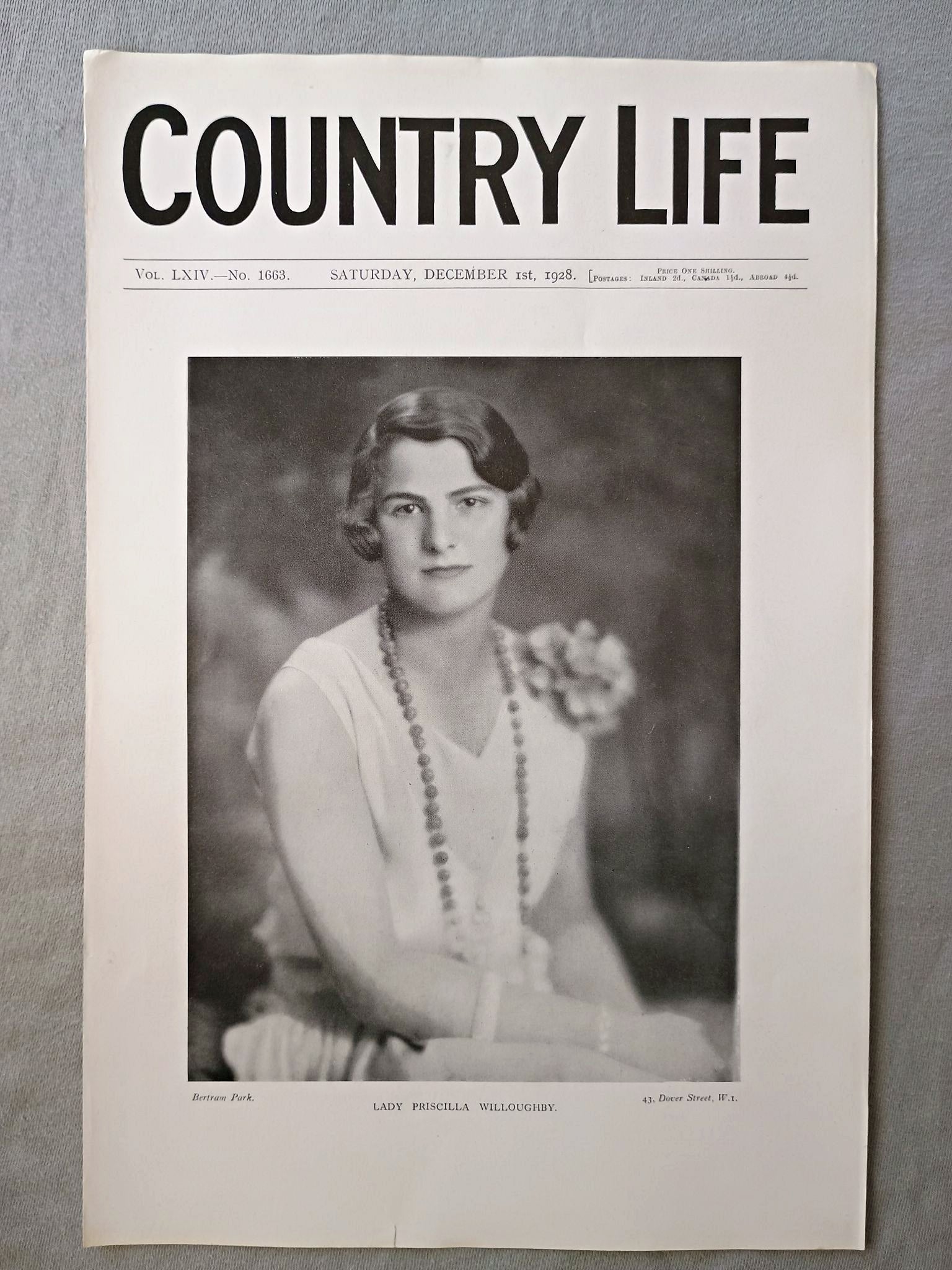 Lady Priscilla Heathcote-Drummond-Willoughby Country Life Magazine Portrait, Frontispiece, December 1 1928. LXIV No. 1663

The featured frontispiece this week is a portrait of Lady Priscilla Willoughby, who is the younger daughter of the Earl and Countess of Ancaster