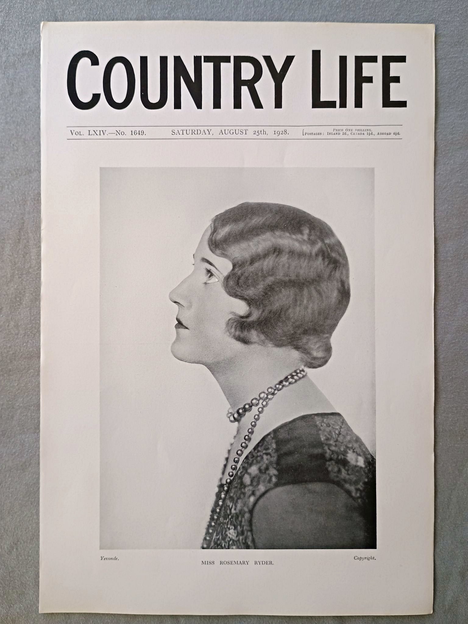 Miss Rosemary Ryder Country Life Magazine Portrait, Frontispiece, August 25 1928. LXIV No. 1649

The featured frontispiece this week is a portrait of Miss Rosemary Ryder,