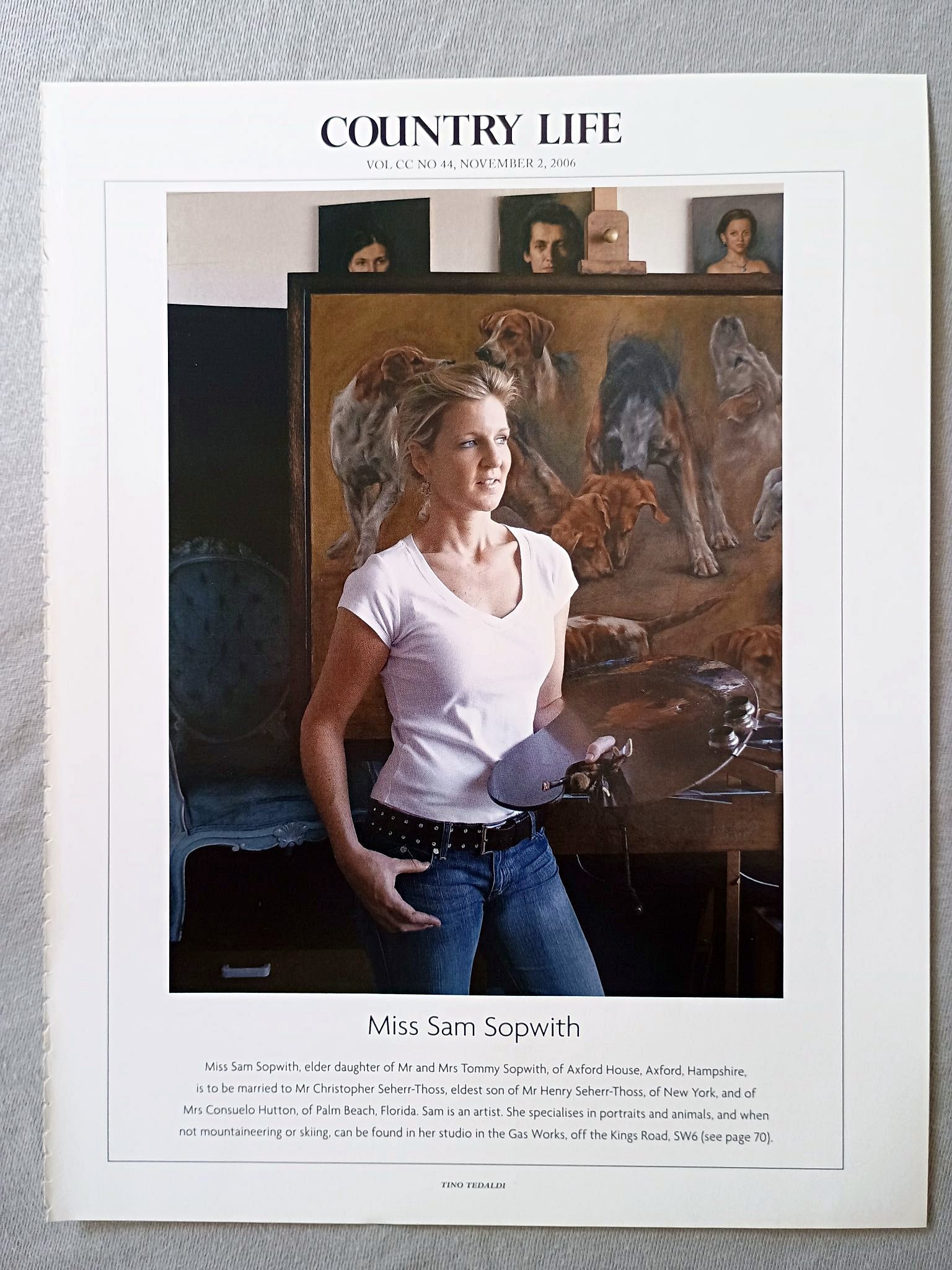 Miss Sam Sopwith, elder daughter of Mr and Mrs Tommy Sopwith, of Axford House, Axford, Hampshire, is to be married to Mr Christopher Seherr-Thoss, eldest son of Mr Henry Seherr-Thoss, of New York, and of Mrs Consuelo Hutton, of Palm Beach, Florida. Sam is an artist. She specialises in portraits and animals, and when not mountaineering or skiing, can be found in her studio in the Gas Works, off the Kings Road, SW6.