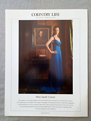 Miss Sarah Cowie - Sarah, aged 25, is the younger daughter of Mr and Mrs David Cowie, of Street Farm, South Brewham, Somerset. After graduating from Nottingham with a degree in Geography, she completed a Masters in Real Estate Management at Oxford Brookes, and is now working for Knight Frank in Hanover Square. Pictured here at home with a portrait of her great-great-grandfather, Maj-Gen Sir Howard Elphinstone, VC, KCB, CMG, Sarah is modelling a dress from Alice Temperley's current collection.