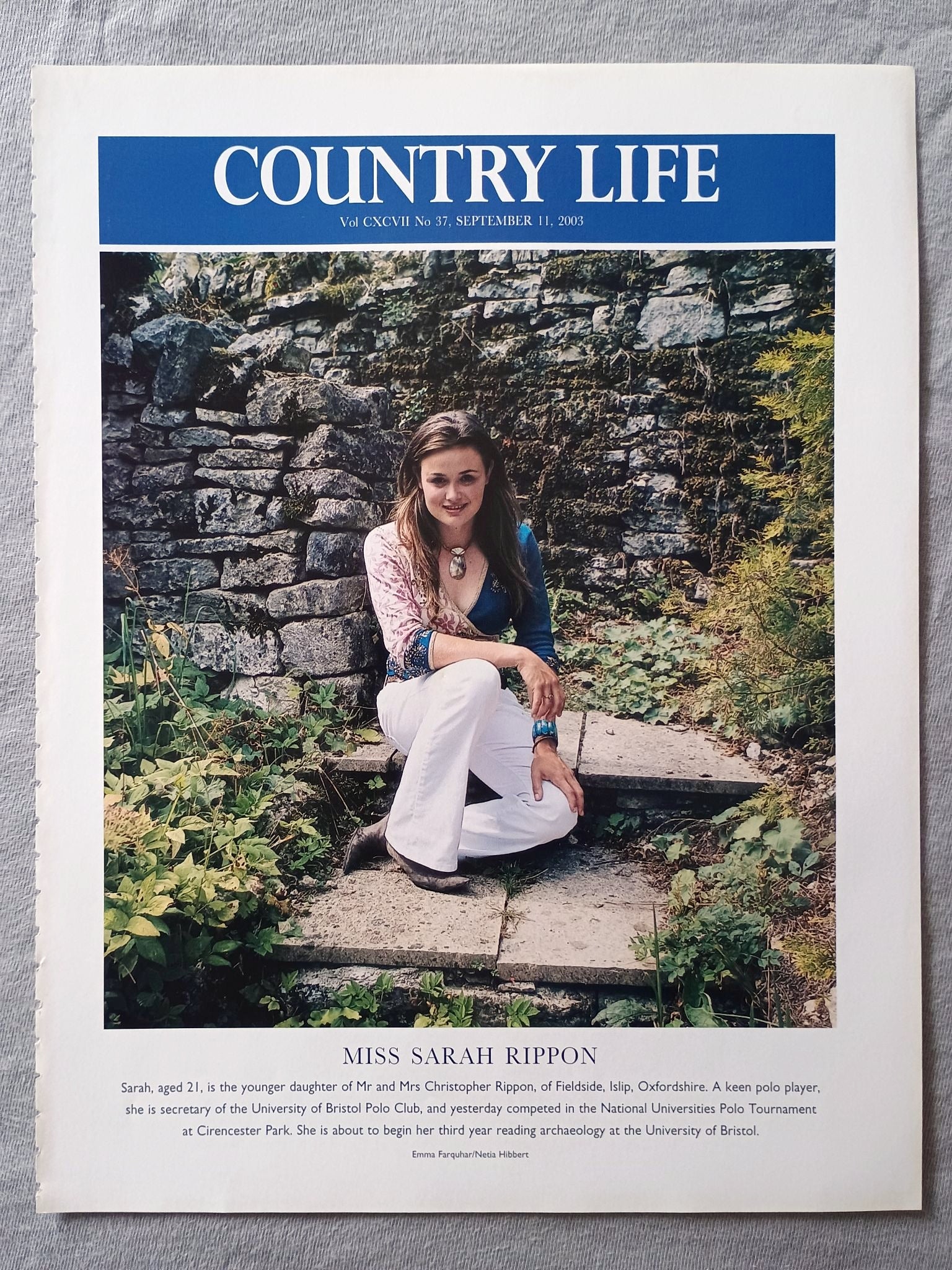 Sarah Rippey Miss Sarah Rippon Country Life Magazine Portrait September 11 2003 ...