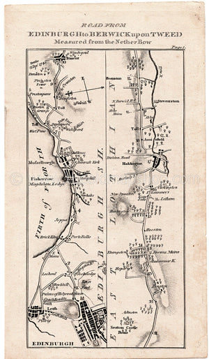 Antique Scotland Road Map by Taylor & Skinner, showing the roads through... Edinburgh, Leith, Musselburgh, Tranent, Prestonpans, Haddington, Gladsmuir, Elvingston, Amisfield