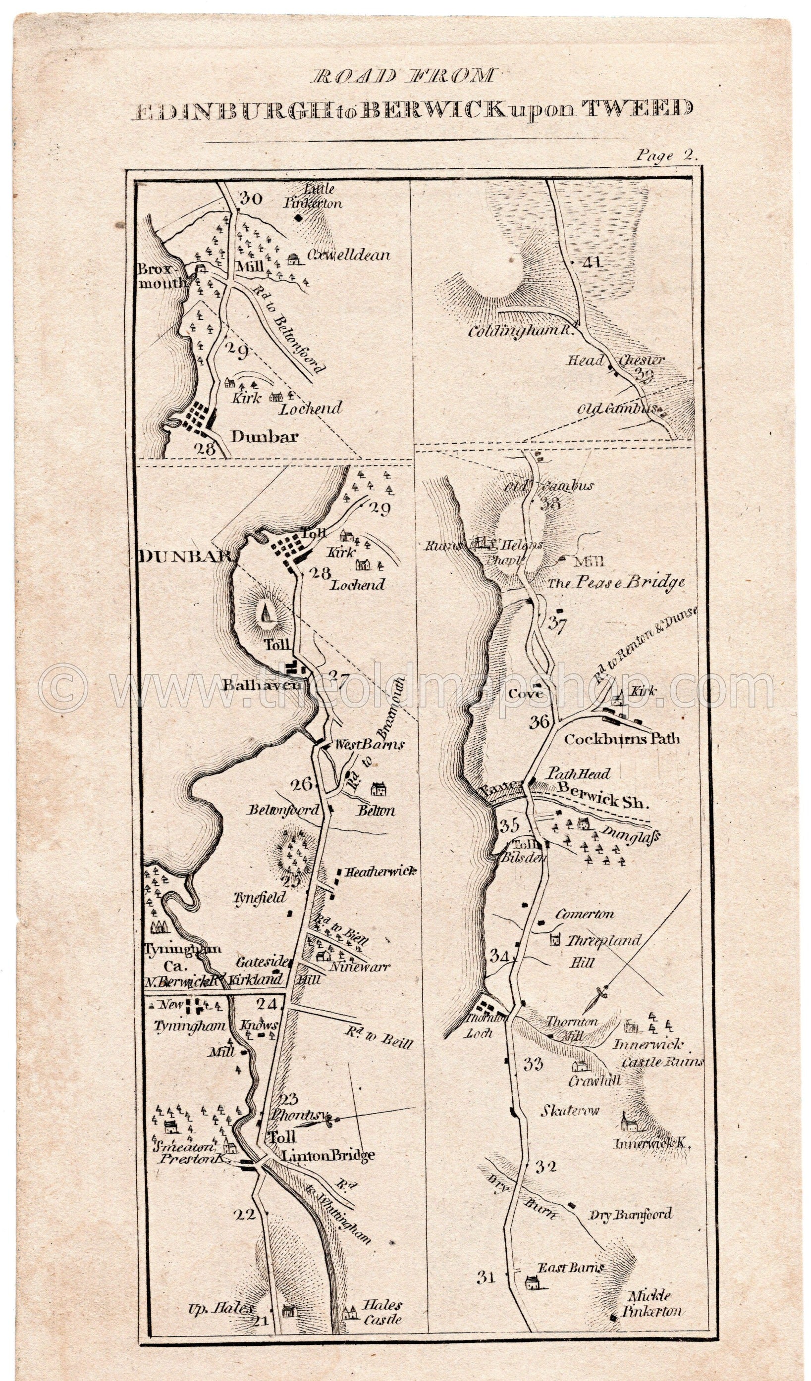 Antique Scotland Road Map by Taylor & Skinner, showing the roads through... East Linton, Tyninghame, Dunbar, West Barns, Cockburnspath, Bilsdean, Thorntonloch, Skateraw