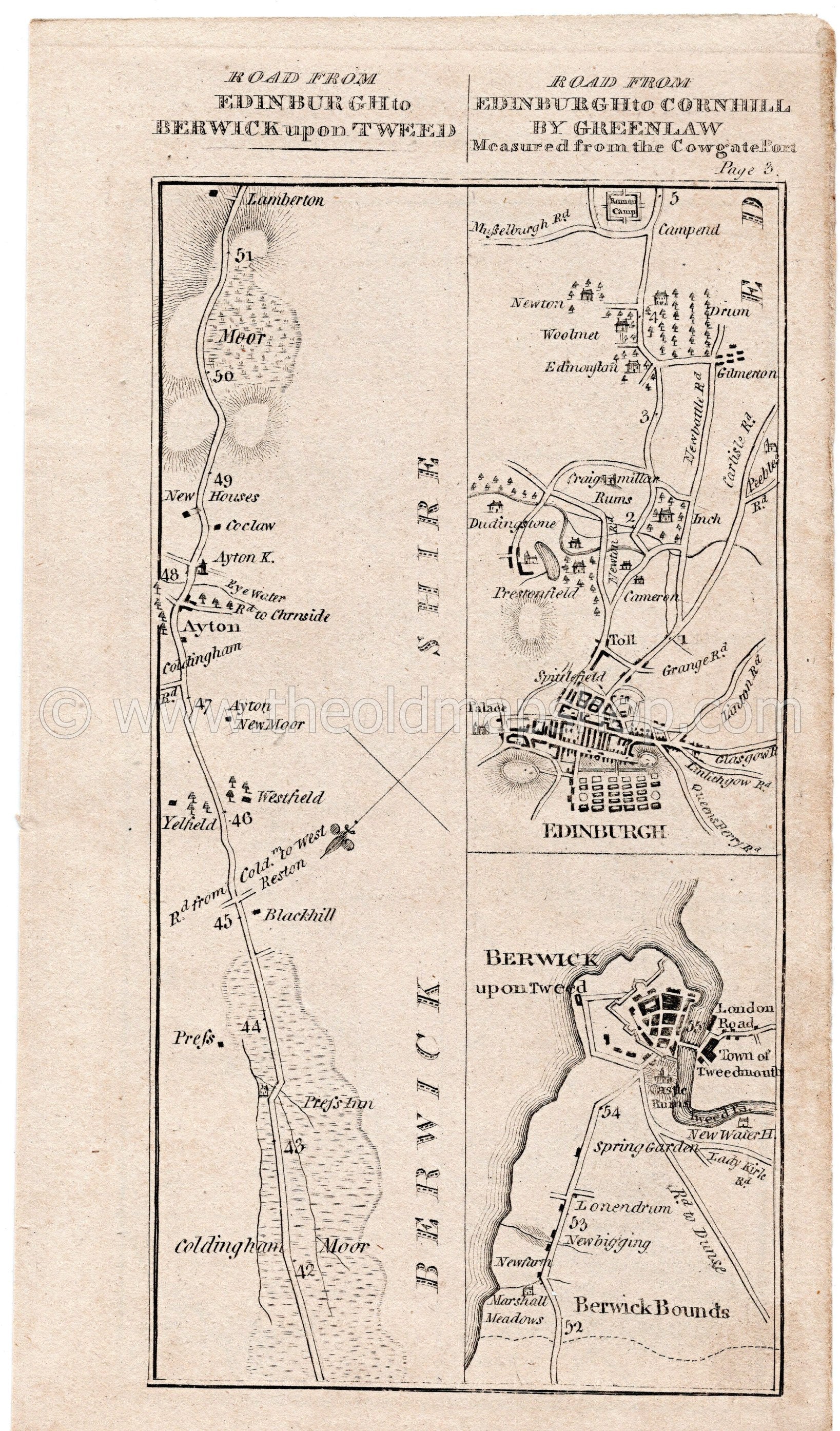 Antique Scotland Road Map by Taylor & Skinner, showing the roads through... Coldingham, Ayton, Lamberton, Marshall Meadows, Berwick-upon-Tweed, Tweedmouth, Edinburgh