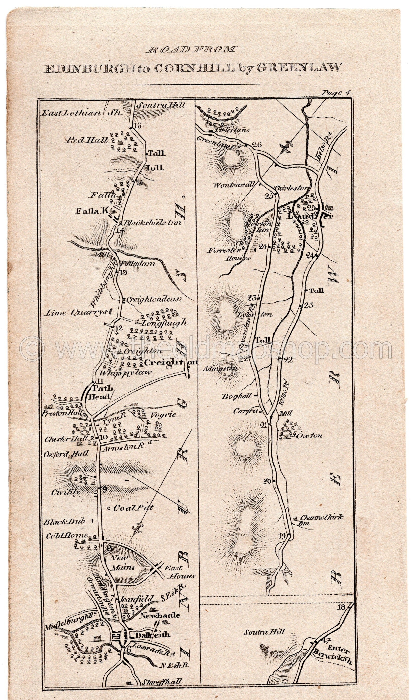 Antique Scotland Road Map by Taylor & Skinner, showing the roads through... Dalkeith, Pathhead, Crichton, Fala Dam, Fala Village, Oxton, Carfraemill, Addinston, Lauder, Thirlestane