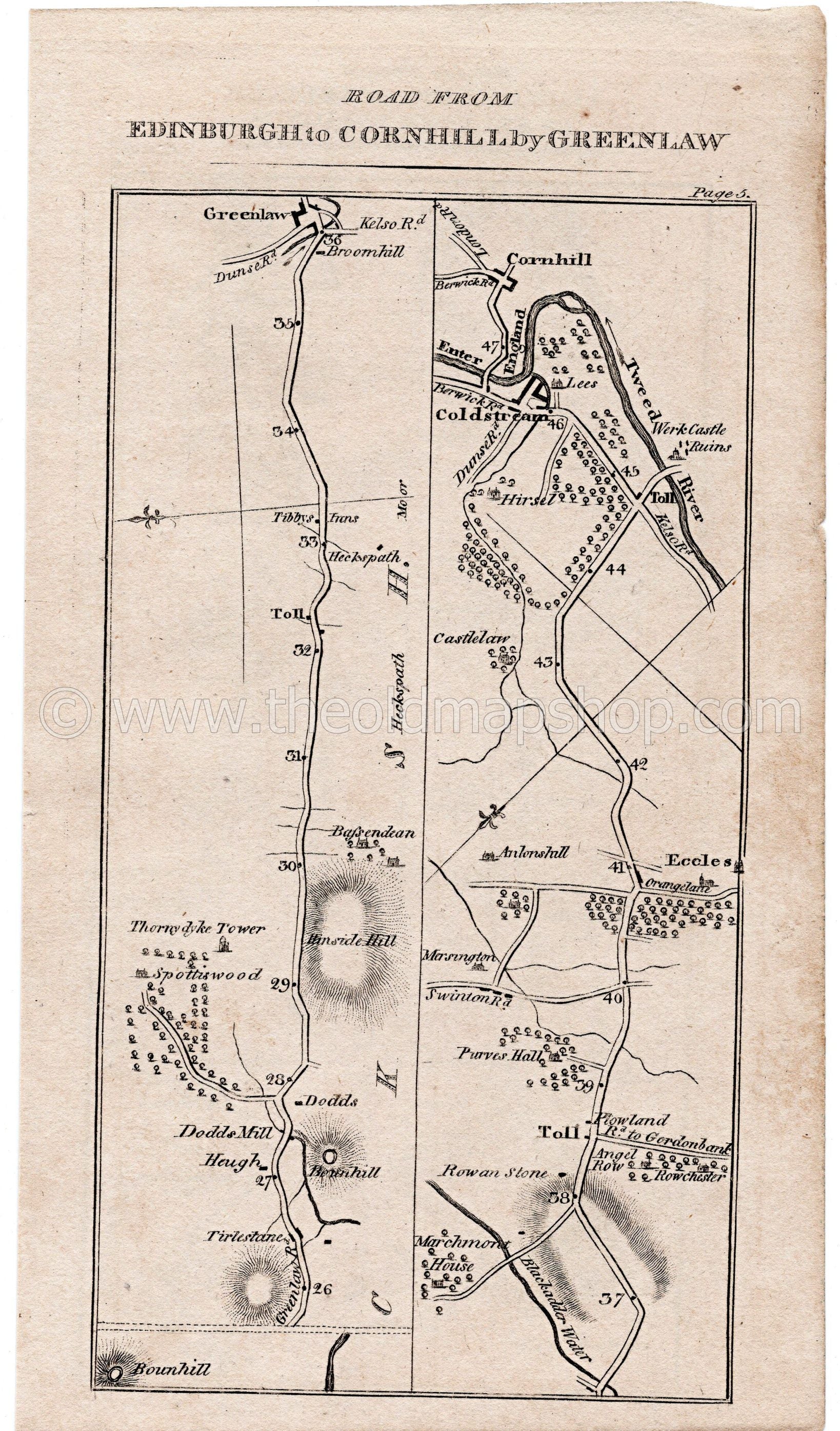 Antique Scotland Road Map by Taylor & Skinner, showing the roads through... Thirlestane, Hexpathdean, Greenlaw, Purves Hall, Eccles, Orange Lane, Coldstream, Cornhill-on-Tweed
