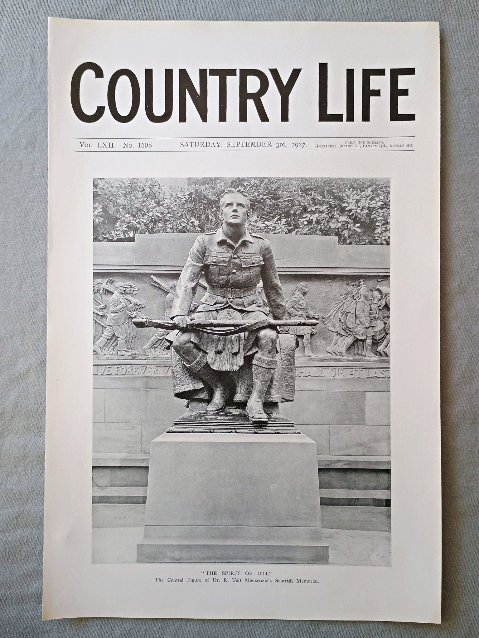 Scottish American War Memorial, The Spirit of 1914, The Call by Robert Tait McKenzie Country Life Magazine Portrait, Frontispiece, September 3 1927. LXII No. 1598