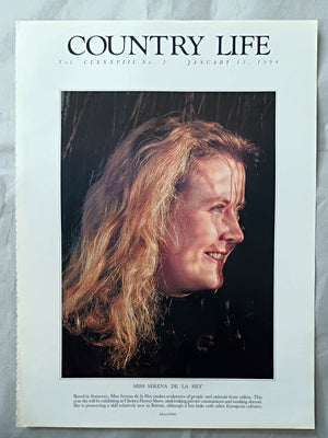 Serena de la Hey Country Life Magazine Portrait January 13, 1994. CLXXXVIII No. 2

Miss Serena de la Hey - Based in Somerset, Miss Serena de la Hey makes sculptures of people and animals from willow. This year she will be exhibiting at Chelsea Flower Show, undertaking private commissions and working abroad. She is pioneering a skill relatively new in Britain, although it has links with other European cultures.