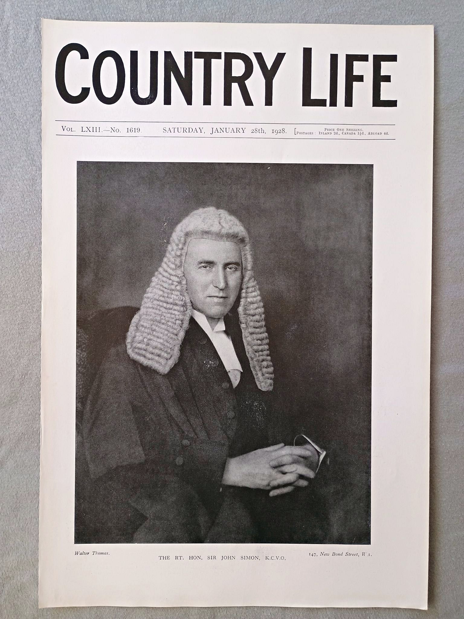 Sir John Simon Country Life Magazine Portrait, Frontispiece, January 28 1928. LXIII No. 1619

The featured frontispiece this week is a portrait of The Rt. Hon. Sir John Simon, K.C.V.O