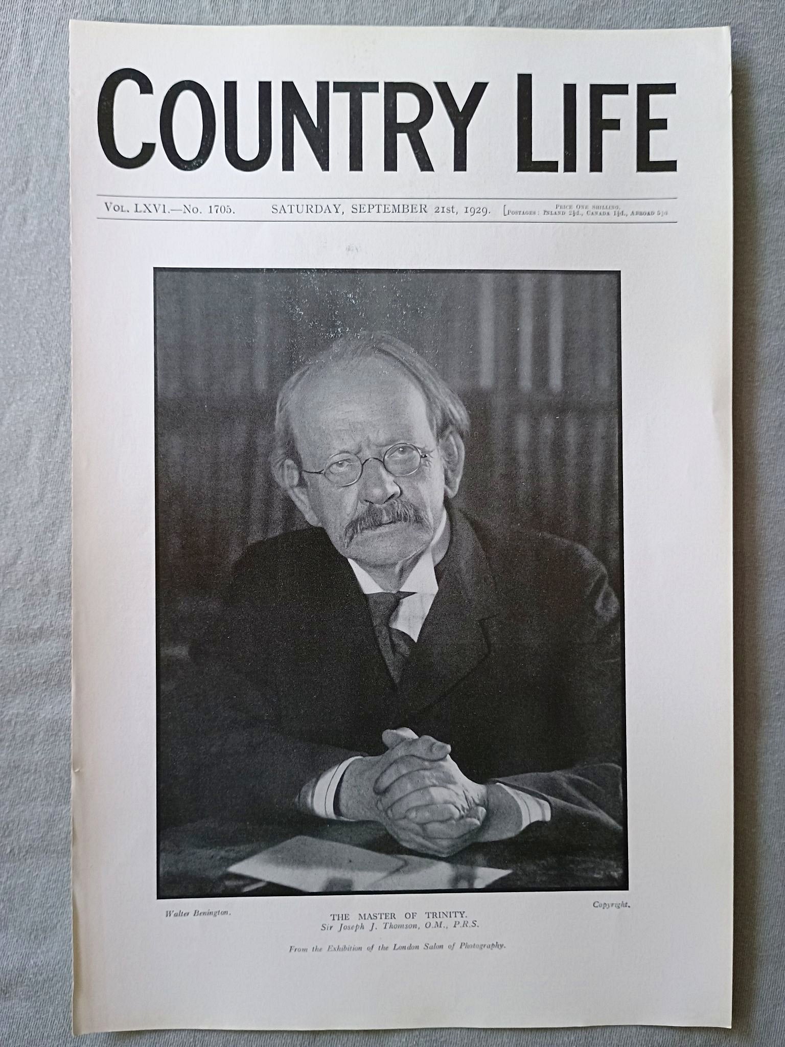 Sir Joseph John Thomson Country Life Magazine Portrait, Frontispiece, September 21 1929. LXVI No. 1705

The featured frontispiece this week is a portrait of Sir Joseph J. Thomson, O.M., P.R.S., Master of Trinity College Cambridge