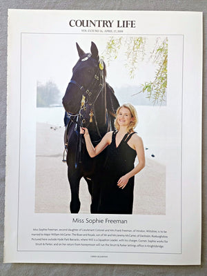 Miss Sophie Freeman, second daughter of Lieutenant Colonel and Mrs Frank Freeman, of Hindon, Wiltshire, is to be married to Major William McCarter, The Blues and Royals, son of Mr and Mrs Jeremy McCarter, of Denholm, Roxburghshire. Pictured here outside Hyde Park Barracks, where Will is a Squadron Leader, with his charger, Cornet, Sophie works for Strutt & Parker, and on her return from honeymoon will run the Strutt & Parker lettings office in Knightsbridge.