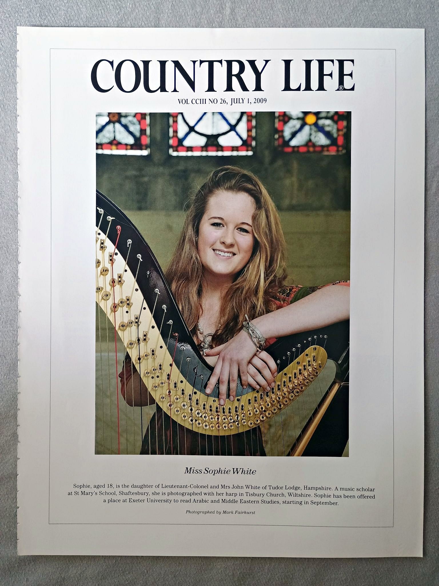 Miss Sophie White - Sophie, aged 18, is the daughter of Lieutenant-Colonel and Mrs John White of Tudor Lodge, Hampshire. A music scholar at St Mary's School, Shaftesbury, she is photographed with her harp in Tisbury Church, Wiltshire. Sophie has been offered a place at Exeter University to read Arabic and Middle Eastern Studies, starting in September.
