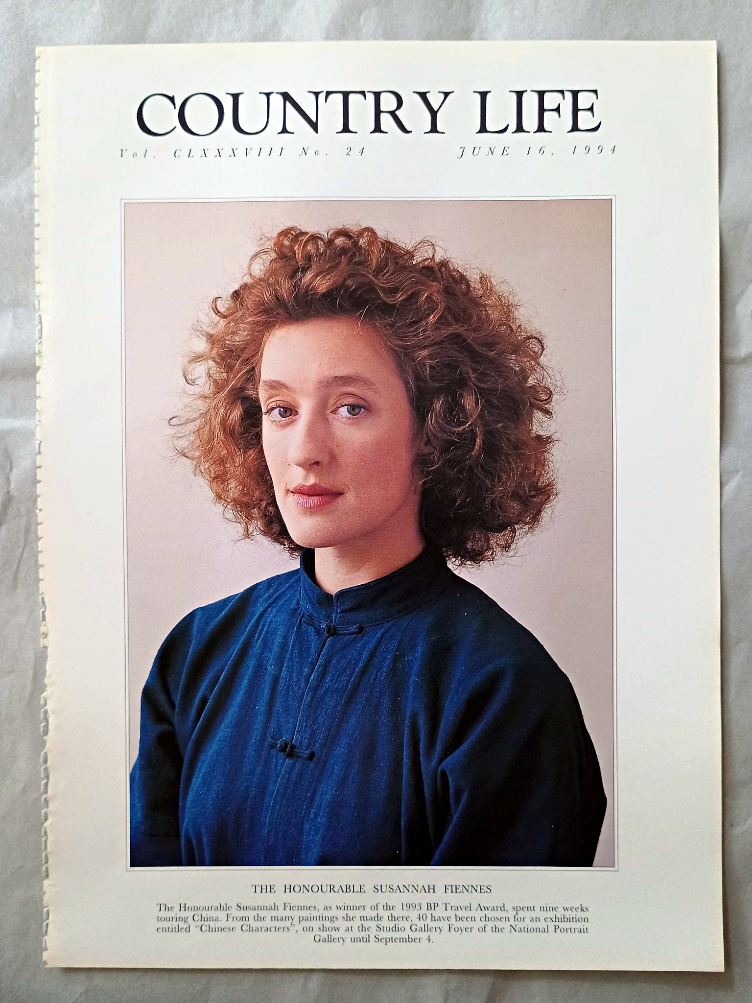 Susannah Fiennes Country Life Magazine Portrait June 16, 1994. CLXXXVIII No. 24

The Honourable Susannah Fiennes, as winner of the 1993 BP Travel Award, spent nine weeks touring China. From the many paintings she made there, 40 have been chosen for an exhibition entitled "Chinese Characters", on show at the Studio Gallery Foyer of the National Portrait Gallery until September 4