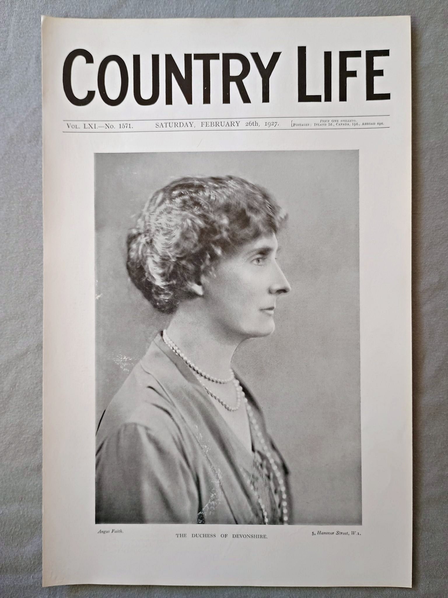 The Duchess of Devonshire, Evelyn Cavendish Country Life Magazine Portrait, Frontispiece, February 26 1927. LXI No. 1571

The featured frontispiece this week is a portrait of the Duchess of Devonshire, who is the elder daughter of the Fifth Marquess of Lansdowne