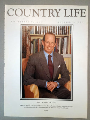 The Duke of Kent Country Life Magazine Portrait October 8, 1992. CLXXXVI No. 41.

HRH the Duke of Kent, pictured here at York House, St James's Palace, celebrates his 57th birthday tomorrow. He is vice-chairman of the British Overseas Trade Board.