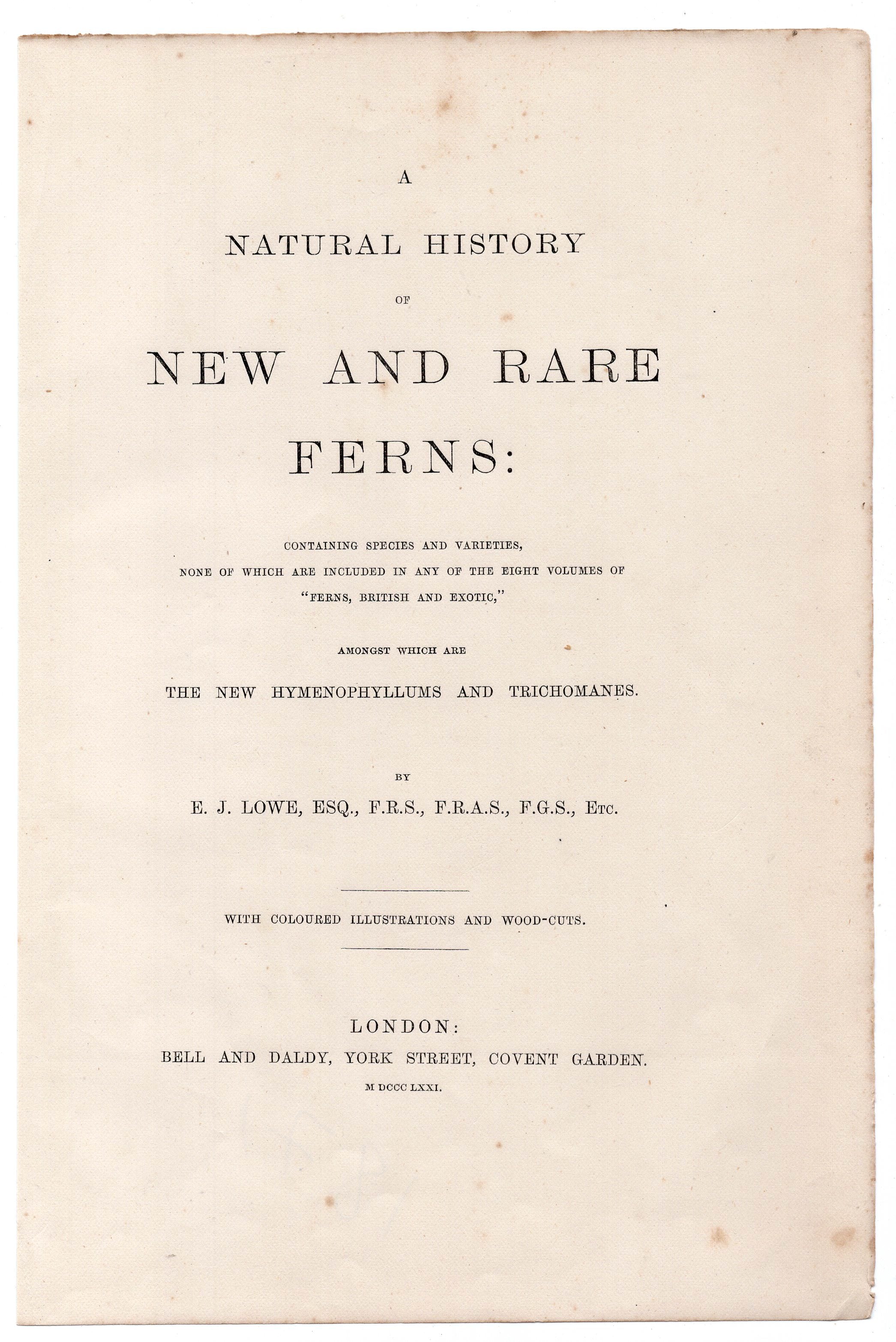 Title page from Edward Joseph Lowe's A Natural History of New and Rare Ferns, published in 1871, shown for provenance