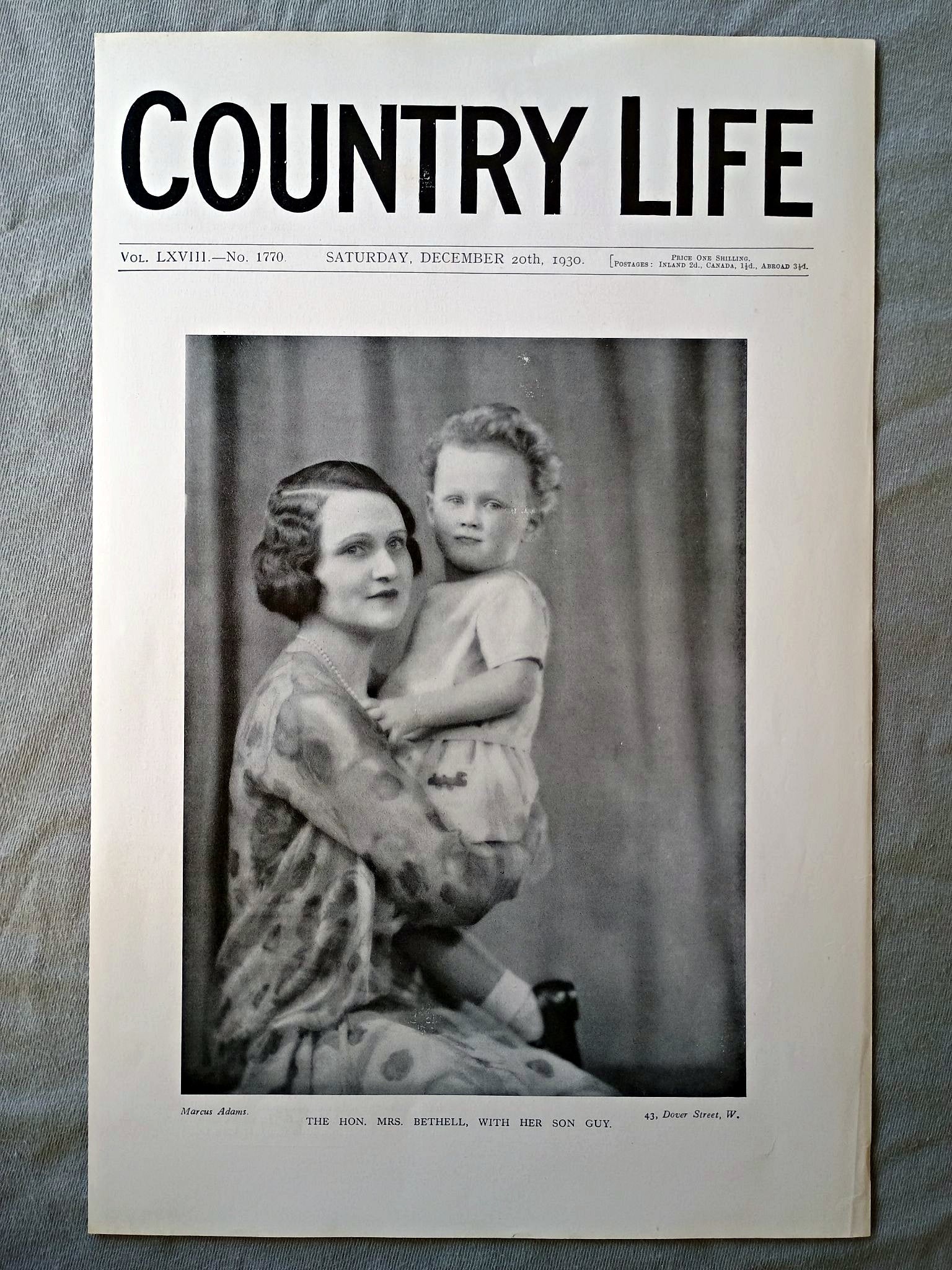 Veronica Eileen Bethell nee Connolly and Son Guy Anthony John Bethell Country Life Magazine Portrait, Frontispiece, December 20 1930. LXVIII No. 1770

The featured frontispiece this week is a portrait of the Hon. Mrs. Bethell, with her son Guy.
