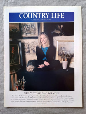 Miss Victoria Mac Dermott, youngest daughter of Mr and Mrs Nicholas Mac Dermott, of Thornton, Dunlavin, Co Kildare, is to be married to Mr Piers Vaux, son of Major-General and Mrs Nicholas Vaux, of Dartmoor, Devon. Shown here in her studio with her terrier Tatty, Victoria is an artist who specialises in animals. She works in oil, pastels and charcoal, and etches. Her most recent exhibition, held jointly with her sister Emma, who sculpts in silver and bronze, was at Holland & Holland in November