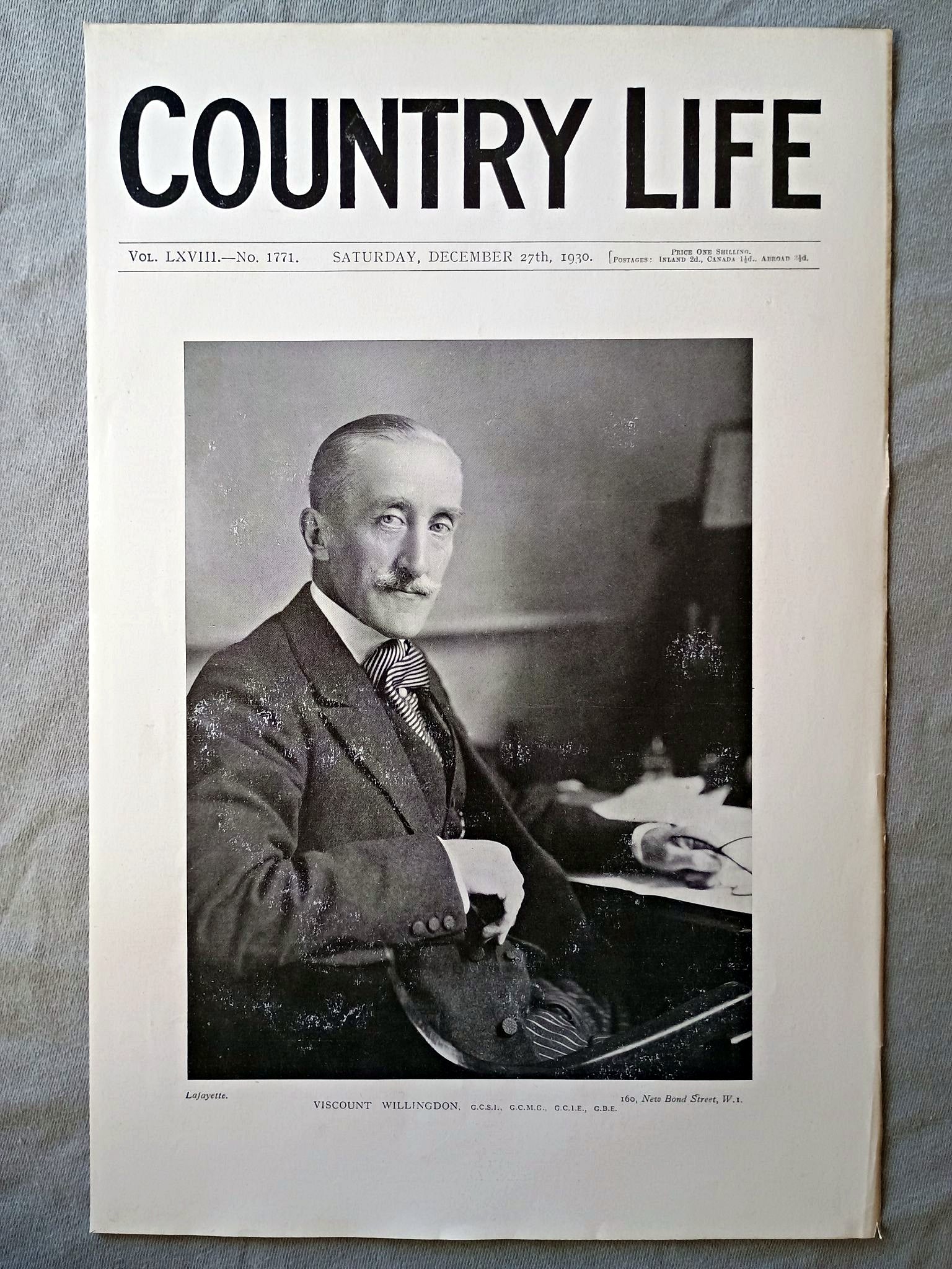 Viscount Willingdon, Freeman Freeman-Thomas Country Life Magazine Portrait, Frontispiece, December 27 1930. LXVIII No. 1771

The featured frontispiece this week is a portrait of Viscount Willingdon on his appointment as the Viceroy and Governor-General of India. 