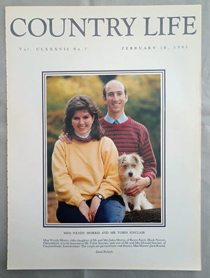 Wendy Morris and Tobin Sinclair Country Life Magazine Portrait February 18, 1993. CLXXXVII No. 7.

Miss Wendy Morris and Mr Tobin Sinclair - Miss Wendy Morris, elder daughter of Mr and Mrs John Morris, of Bacon Farm, Hook Norton, Oxfordshire, is to be married to Mr Tobin Sinclair, only son of Mr and Mrs Donald Sinclair, of Countesthorpe, Leicestershire. The couple are pictured here with Emma, Miss Morris's Jack Russell